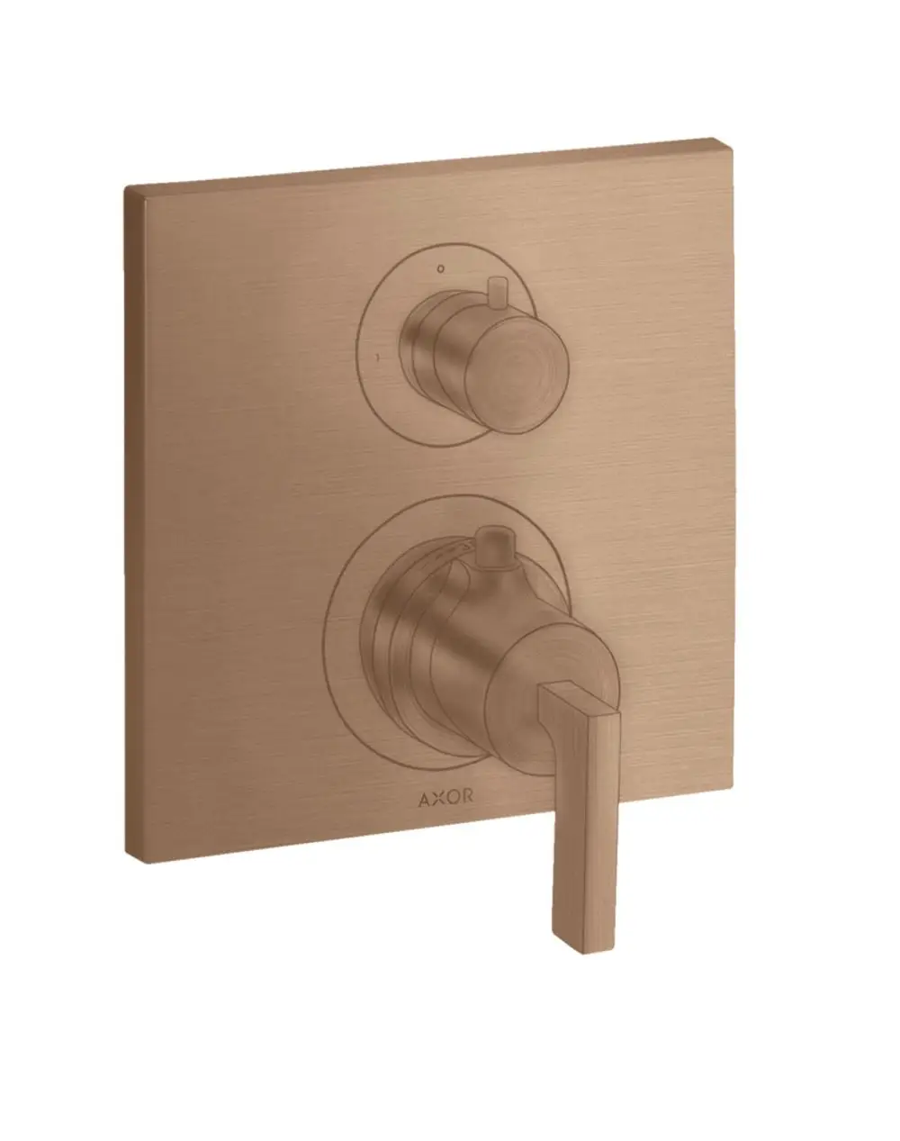 Thermostat-Unterputzarmatur mit Absperrventil und Hebelgriff in Brushed Red Gold, mit den Bedienelementen von der Marke AXOR, montiert auf einer rechteckigen blassen Hintergrundplatte.